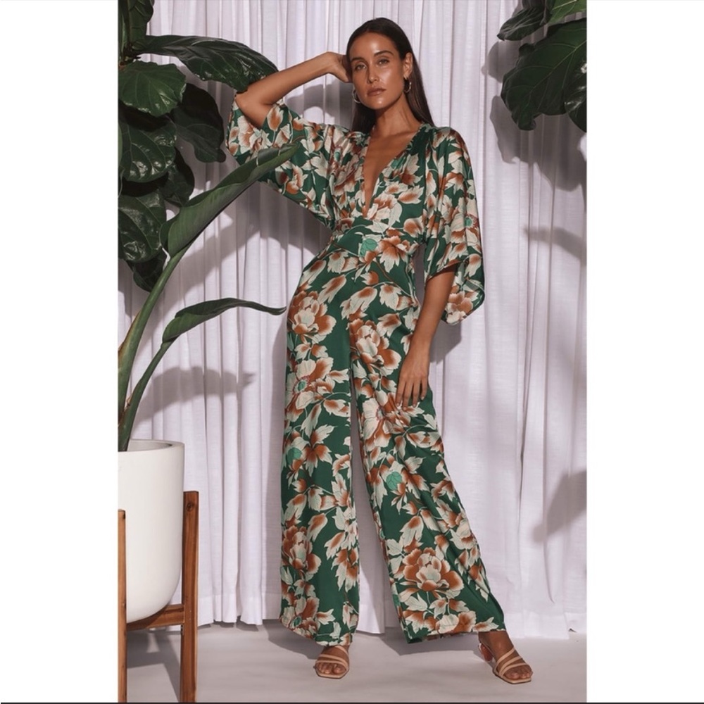 Lulus From Sunrise Teal Floral Print Bell Sleeve Wide-Leg Jumpsuit Large